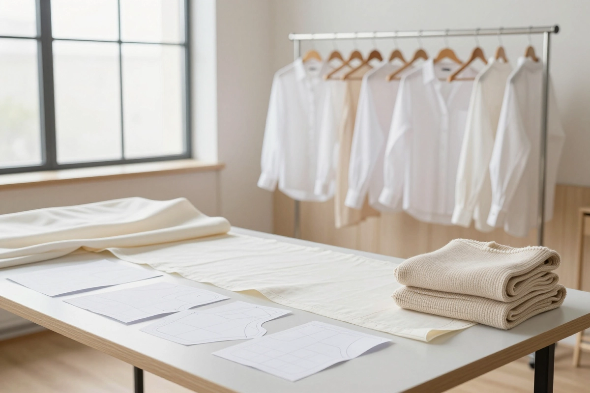服装工作室中的布料、衣架和设计细节